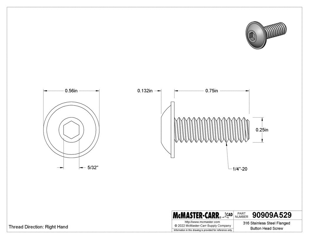 Technical Drawing of 316 Stainless Steel Flanged Button Head Screw, 1/4"-20 Thread, 3/4" Long.